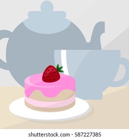Tasty cake with tea or coffee cup and kettle illustration for cafe and restaurant design. Delicious dessert. Vector food flat art.