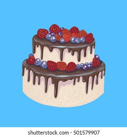Tasty cake vector illustration, blue, chocolate, berry