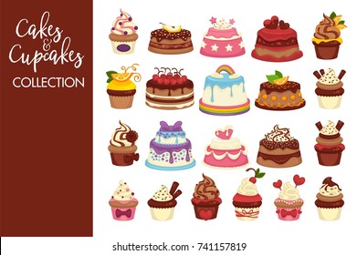 Tasty cakes and cupcakes full of cream collection