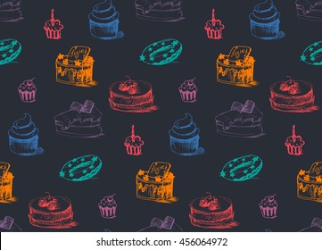 Tasty Cakes Seamless Pattern. Cream Food Background. Bakery sticker, wrap, print, fabric. Candy, sweet wallpaper. Vector