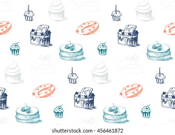Tasty Cakes Seamless Pattern. Cream Food Background. Bakery sticker, wrap, print, fabric. Candy, sweet wallpaper. Vector