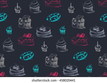 Tasty Cakes Seamless Pattern. Cream Food Background. Bakery sticker and wrap, print and fabric. Candy, sweet wallpaper. Vector