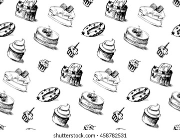 Tasty Cakes Seamless Pattern. Cream Food Background. Bakery sticker and wrap, print and fabric. Candy, sweet wallpaper. Vector