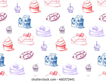 Tasty Cakes Seamless Pattern. Cream Food Background. Bakery sticker and wrap, print and fabric. Candy, sweet wallpaper. Vector