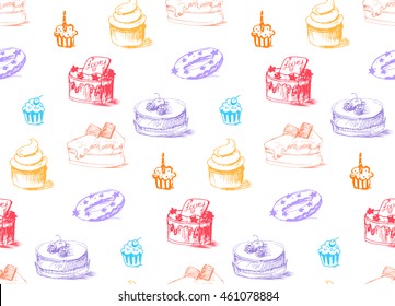 Tasty Cakes Seamless Pattern. Cream Food Background. Bakery sticker and wrap, print and fabric. Candy, sweet wallpaper. Vector