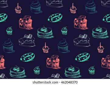 Tasty Cakes Seamless Pattern. Cream Food Background. Bakery sticker and wrap, print and fabric. Candy, sweet wallpaper. Vector