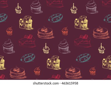 Tasty Cakes Seamless Pattern. Cream Food Background. Bakery sticker and wrap, print and fabric. Candy, sweet wallpaper. Vector