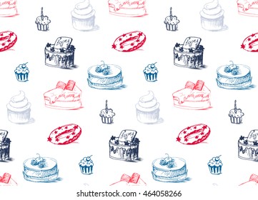 Tasty Cakes Seamless Pattern. Cream Food Background. Bakery sticker and wrap, print and fabric. Candy, sweet wallpaper. Vector