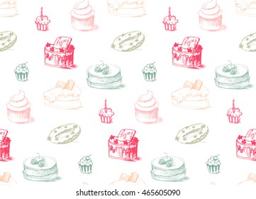 Tasty Cakes Seamless Pattern. Cream Food Background. Bakery sticker, wrap, print, fabric. Candy sweet wallpaper. Vector