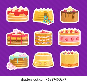 Tasty Cakes Stickers Set, Delicious Sweet Desserts Vector Illustration