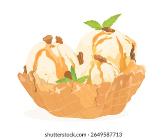 Saboroso sorvete de caramelo com hortelã em uma tigela de waffle. Desenho animado sobremesa de verão frio ilustração isolado no branco.