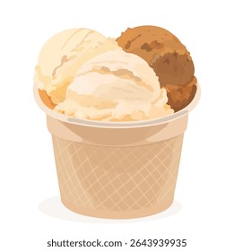 Tasty caramel, vanilla and chocolate vector ice cream balls in paper cup. Cartoon sweet cold summer dessert illustration isolated on white.