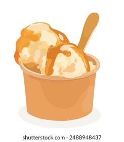 Tasty caramel vector ice cream balls in paper cup. Cartoon sweet cold summer dessert illustration.