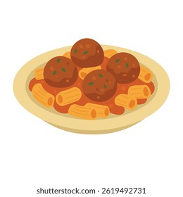 Tasty cartoon plate of pasta with meatballs and tomato sauce, isolated, flat vector food style.