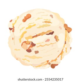 Caricatura saborosa de Pralines 'n scoop com frutas e nozes isoladas no fundo branco. Doce sobremesa de verão de sorvete.