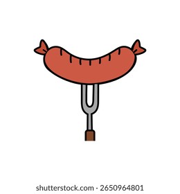 A tasty cartoon sausage on a fork, perfect for barbecue, grill, or food-related designs.