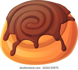 Saboroso desenho animado estilo canela bun coberto com rico esmalte de chocolate. Cobertura brilhante pingando sobre uma massa retorcida dourada. Elemento alimentar vetorial para desenhos de sobremesa e imagens de padaria.