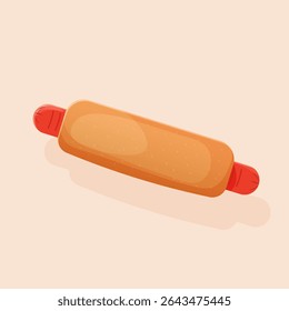 Tasty cartoon-style hot dog with a golden bun and juicy sausage. Perfect for fast food designs, menus, delivery services, or playful food illustrations. Vector isolated clipart.