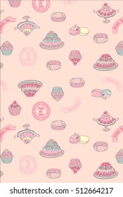 Tasty celebratory cakes pattern. Decorated with colored frosting, fruits, chocolate, cream cakes flat vector illustrations on white background. For greeting card, wrapping paper