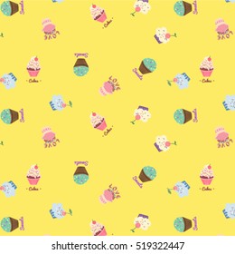 Tasty celebratory cakes pattern. Decorated with colored frosting, fruits, chocolate, cream cakes flat vector illustrations on white background. For greeting card, wrapping paper
