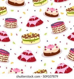 Tasty celebratory cakes seamless pattern. Decorated with colored frosting, fruits, chocolate, cream cakes flat vector illustrations on white background. For greeting card, wrapping paper 
