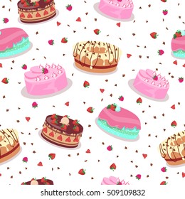 Tasty celebratory cakes seamless pattern. Decorated with colored frosting, fruits, chocolate, cream cakes flat vector illustrations on white background. For greeting card, wrapping paper