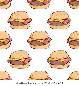 Tasty cheese burger with bacon in seamless pattern