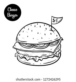 tasty cheese burger with flag price and using hand drawn or sketchy style