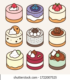 Tasty Cheese cake collection in round shape with different flavor: berries, cookie, chocolate, lime, red velvet, choc mint. Sweet cheese dessert icon vector illustration flat design.