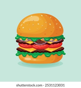 Cheeseburger saboroso. Ilustração de desenhos animados. Ilustração vetorial.  Design plano.