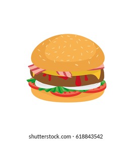 Tasty cheeseburger.  Good for menu design. Flat icon. Vector illustration