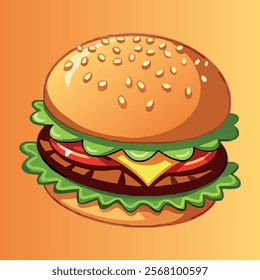 Tasty cheeseburger with lettuce and tomato, classic fast food burger icon, perfect for restaurant menu, food branding, or takeaway design