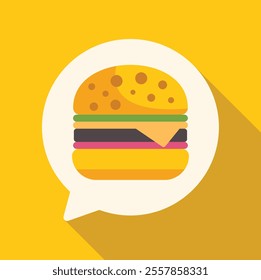 Tasty cheeseburger with meat, cheese and vegetables appearing in a speech bubble on a yellow background