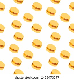 Tasty cheeseburger vector illustration. Seamless pattern in cartoon flat style isolated on white background. For menu, wrapping, background, burger shop, cafe.