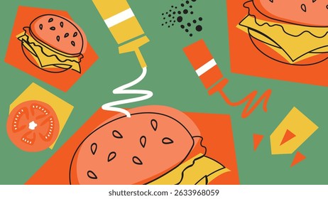 Tasty cheeseburgers, ketchup and mustard bottles, tomatoes, and fries on green. Ideal for fast food flyers and snack visuals