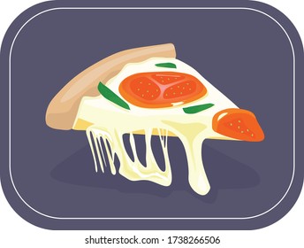 Tasty cheesy italian pizza margherita made in vector style. Stretching Cheese. Long cheese. Pizza with tomato. Slice of pizza