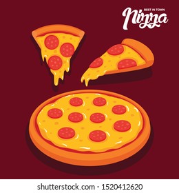 Tasty cheesy pizza with pizza slices vector illustration