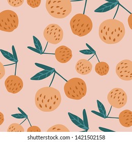 Tasty cherry berries and leaves seamless pattern. Hand drawn cherries wallpaper. Design for fabric, textile print. Summer fruit berry wallpaper. Vector illustration.
