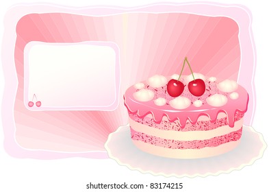 Tasty cherry cake with ice cream. The invitation card.
