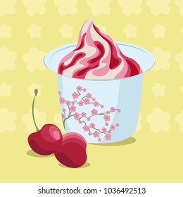 Tasty cherry ice cream bowl with sakura branch decoration and whole fruits in the foreground.