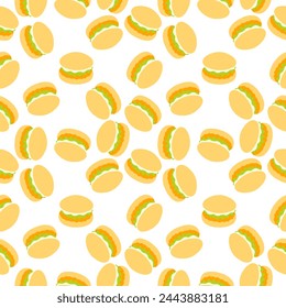 Sabrosa hamburguesa de pollo ilustración vectorial. Patrón sin fisuras en estilo plano de dibujos animados aislado sobre fondo blanco. Para el menú, paquete, restaurante de hamburguesas, envoltura, fondo.