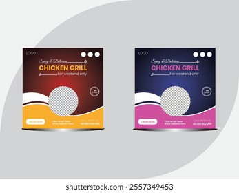 Tasty chicken grilled social media post template for restaurant and cafe. Food social media promotion and Instagram post design template.