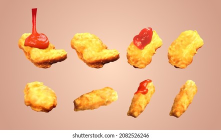 Tasty chicken nuggets dipped or squeezed with tomato ketchup over bone color background in 3D illustration