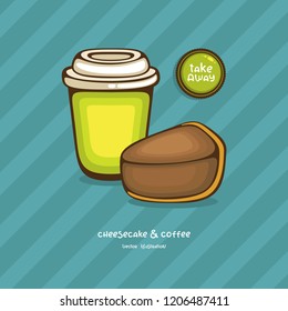 Tasty chocolate cheesecake and cup of coffee vector illustration. Traditional dessert. Illustration for decoration cafe, menu and logo.