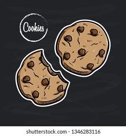 Tasty chocolate chip cookies with colored hand drawn style on chalk board background