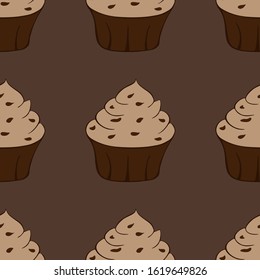 Tasty chocolate cupcake icon. Sweet dessert. Seamless pattern. Vector illustration. 