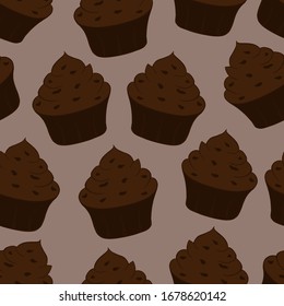 Tasty chocolate cupcake icon. Sweet dessert. Seamless pattern. Vector illustration. 