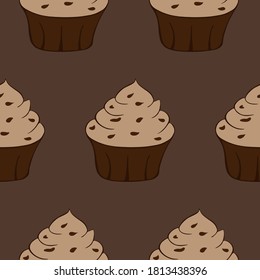 Tasty chocolate cupcake icon. Sweet dessert. Seamless pattern. Vector illustration