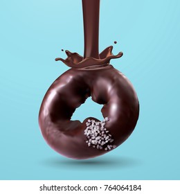 Tasty chocolate donut, chocolate sauce dripping from top in 3d illustration isolated on blue background
