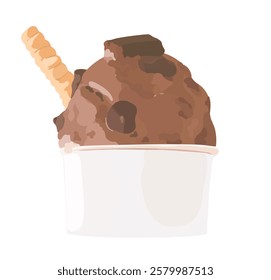 Tasty chocolate ice cream balls in paper cup. Cartoon cold summer dessert illustration isolated on white. 